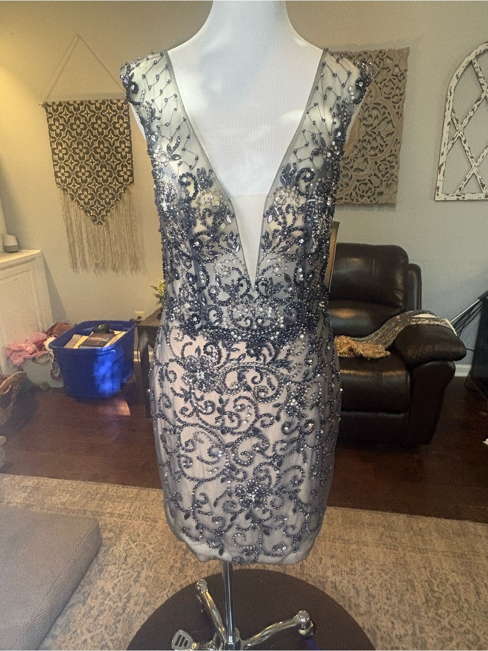 Jovani Size 12 Embellished Deep V Cocktail Dress in Charcoal &  Nude